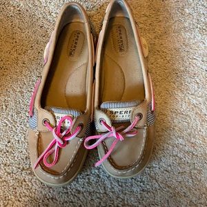 SPERRY pink, cheetah, navy striped slip one.